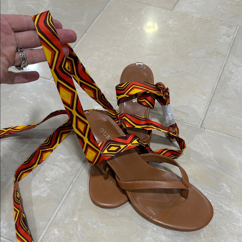 GUESS Women's Tan Sandals with Vibrant Patterned Straps